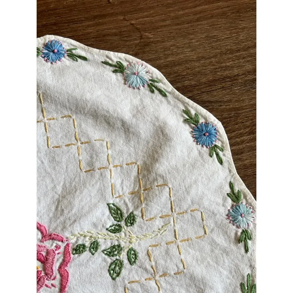 Antique Floral Embroidery Table Runner 16x39 White Cotton Rainbow Boho Scalloped